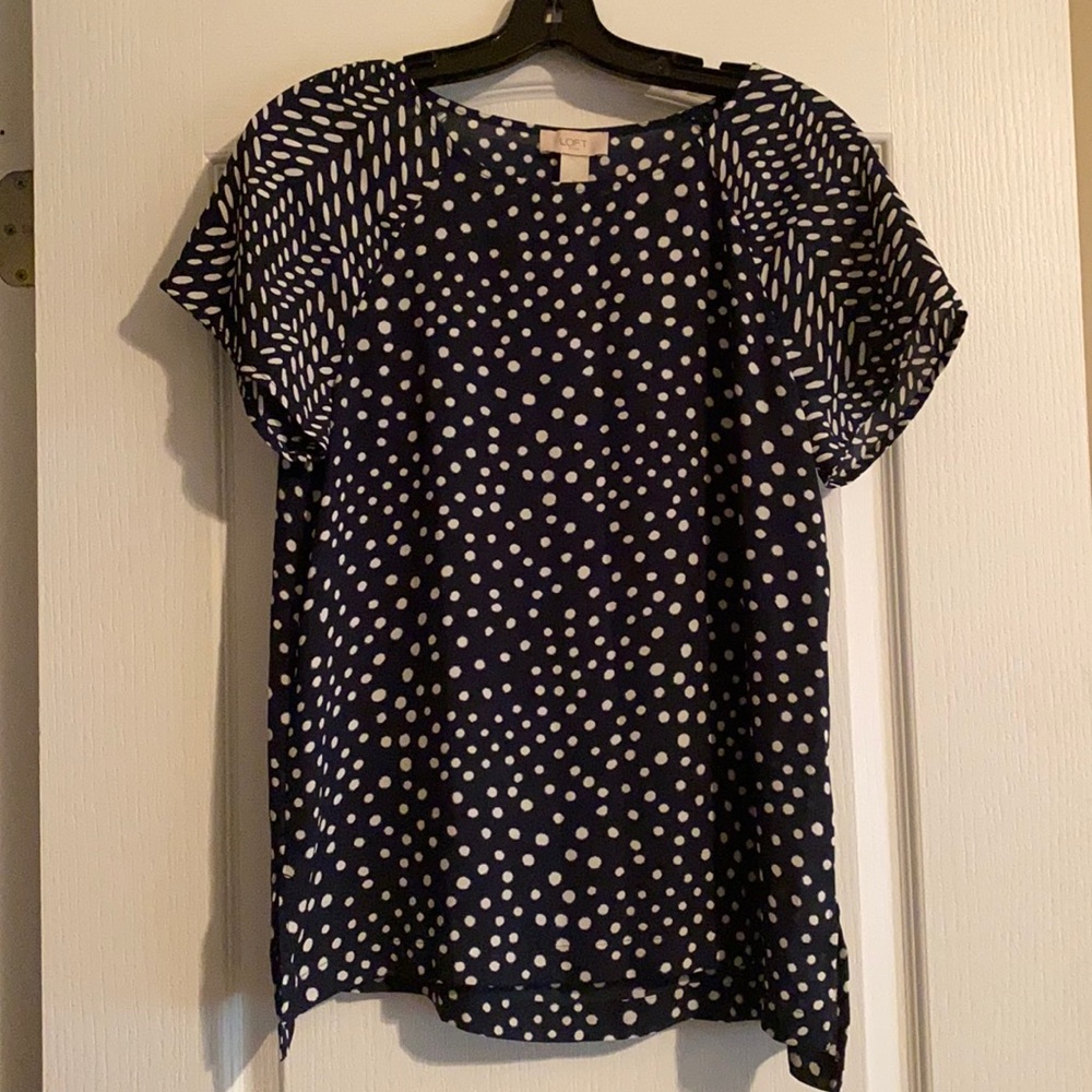 Loft Navy and White Polka Dot Pattern Top